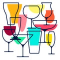 Drawing alcohol drinks collection. Set of alcohol glasses. Colorful abstract collection of alcohol. Illustration for bar