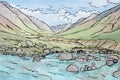 Drawing of Alpine valley mountain stream vector and stones, hyper real photo painting vector effect