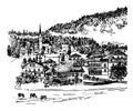 Drawing Alpine village in Tyrol hand drawn illustration