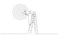 Drawing of ambitious arab businessman on ladder using paint roller to paint big dartboard, archery target. Single continuous line Royalty Free Stock Photo