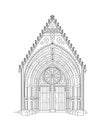 Drawing of ancient gothic portal. Entrance to the medieval Catholic cathedral. Black and white page for coloring book. Christian