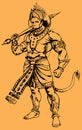 Drawing of Angry Body Build Standing Lord Hanuman with his Weapon Gada