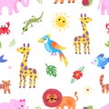 Drawing animal pattern. Children hand drawn crayons animals, color pencil paint giraffe, elephant, cat and lion. Safari