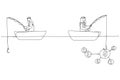 Drawing of arab businessman fishing dollar sitting in boat. Single line art style Royalty Free Stock Photo