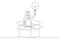 Drawing of arab businessman get out of paper box with new illumination lightbulb idea. Think outside the box. Continuous line art Royalty Free Stock Photo