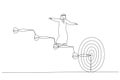 Drawing of arab businessman goes up the stairs of arrows to the target. Concept of business path to the goal. Continuous line art