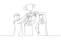 Drawing of arab businessman hold cup together success winning competition. One line style art