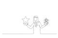 Drawing of arab businessman holding comparing quality of stars. Metaphor for quality vs quantity. One line style art
