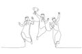 Drawing of arab businessman jumps in the air with trophy cup in the hand getting recognition. Single continuous line art style Royalty Free Stock Photo