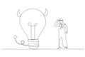 Drawing of arab businessman looking at devil lightbulb doubting it bad idea. Stupid mistake or poor idea. Single continuous line Royalty Free Stock Photo