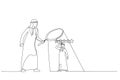 Drawing of arab businessman manager use magnifier to analyze employee with 5 stars rating. Metaphor for employee performance