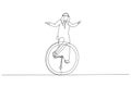 Drawing of arab businessman riding vintage clock bicycle. Time management or work life balance concept. Single line art style Royalty Free Stock Photo