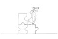 Drawing of arab businessman standing on uncompleted jigsaw looking for missing piece. Finding solution concept. Single line art