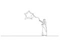 Drawing of arab businessman throws a lasso, catching star. One line style art