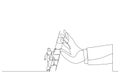 Drawing of arab businesswoman about to climb up ladder to overcome giant hand stopping him. Metaphor for overcome business