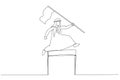 Drawing of arab man competing in race holding a leader flag jumping over obstacle concept of determination. Continuous line art