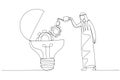 Drawing of arab man drop oil lubricant into idea lightbulb lamp with mechanical gears. One line art style Royalty Free Stock Photo