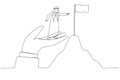 Drawing of arab man stand on giant helping hand to reach top of mountain target flag. Continuous line art