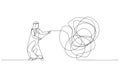 Drawing of arab man try to unraveling tangled rope concept of solution and problem solving. Single line art style