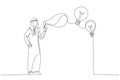 Drawing of arab muslim businessman blowing soap bubble into innovation bright light bulb ideas metaphor of creativity. One line