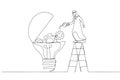 Drawing of arab muslim businessman drop lubricant or grease into mechanical gears lightbulb concept of creativity. Continuous