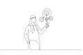 Drawing of arab muslim businessman presenting innovative lightbulb with cogs and gears concept of Innovation. One line art style Royalty Free Stock Photo