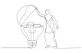 Drawing of arab muslim businesswoman open bright lightbulb idea and found money coins. Single line art style