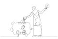 Drawing of arab muslim businesswoman putting light bulb into a piggy bank concept of good business idea. Continuous line art