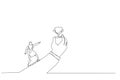 Drawing of aran woman run with full effort to reach trophy cup in giant hand. Metaphor for motivation to achieve goal, small win