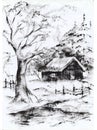 Drawing of architectural structures of the ancient wooden hut in the rural .