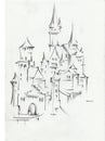 Drawing of architectural structures of the medieval fairy-tale castle in the mountains of Germany . Cityscape sketch handmade .