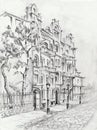 Drawing of architectural structures of the old city executed from life . Historical building in the center of Kiev . ske