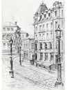 Drawing of architectural structures of the old city executed from life . Historical building in the center of Kiev . ske