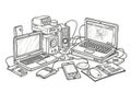 Drawing of an array of electronic devices, including two laptops, a Royalty Free Stock Photo