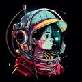 Drawing of an astronaut boy in a helmet on a dark background of space and stars. For your design