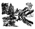 Drawing background landscape beautiful mountain lake in the middle of a coniferous forest, hand-drawn vector illustration Royalty Free Stock Photo