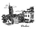 Drawing background landscape view of the luxurious seven-star hotel Parus in the center of Dubai, United Arab Emirates,
