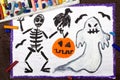 Drawing: Bad ghost, skeleton, pumpkin and raven