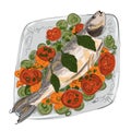 Drawing of baked tasty appetizing healthy fish with vegetables and spices on a dish