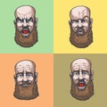 Drawing of a bald, bearded man with four facial expressions