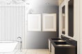 Drawing bathroom room with bath and two blank banner Royalty Free Stock Photo