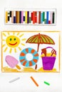 Drawing: beach vacation. Smiling sun, ice cream, lifebuoy and sun umbrella Royalty Free Stock Photo