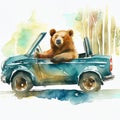 Drawing Bear Rides a Car Watercolor Paint Generative AI