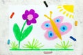 Drawing:  Beautiful butterfly and flower. Spring meadow Royalty Free Stock Photo