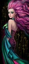 drawing of a beautiful girl with wavy pink hair with a hint of art deco style. from the back. turquoise dress, silk