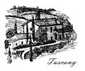 Drawing beautiful landscape of Tuscany fields with the beautiful manor house on the hill hand drawn illustration