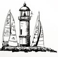 Drawing of a beautiful stone lighthouse on an island, among moored yachts during a regatta, hand-drawn vector illustration