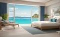 drawing bedroom cream and teal tone sea view beach front seabreeze on ocean view of hotel luxury house and villa Royalty Free Stock Photo