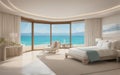 drawing bedroom cream white tone with large glass door beach front seabreeze on sea view hotel luxury house and villa Royalty Free Stock Photo