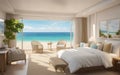 drawing bedroom cream white tone open large glass door beach front seabreeze on the sea view hotel luxury house and villa Royalty Free Stock Photo